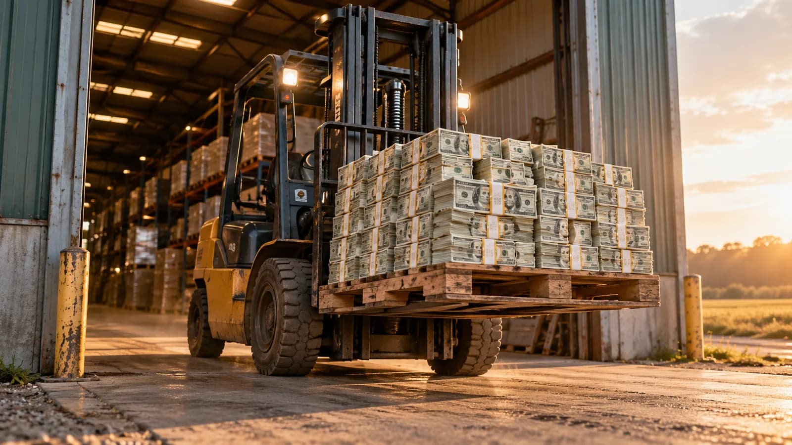 Een heftruck met geld op de voorvork die een loods uit rijdt.